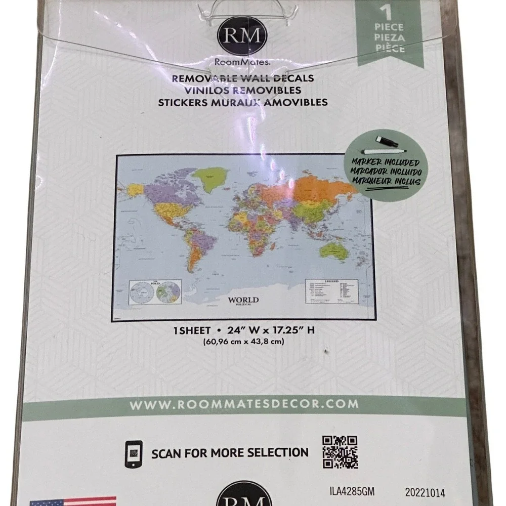 RoomMates World Map Dry Erase Peel and Stick Wall‎ Decals NEW